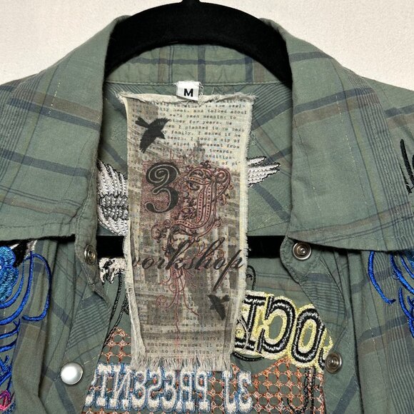 3J Workshop Johnny Was Embroidered Plaid Snap Shirt Green M Y2K Rock N Roll - Picture 3 of 12